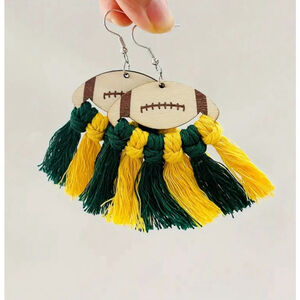 Wooden Football Drop Earrings with Green and Yellow Tassels